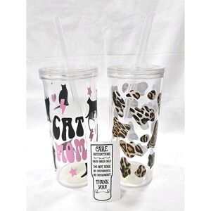 2 Plastic Tumbler 20oz With Lid Straw Cat Lover Mom Leopard Jaguar Cheetah Print